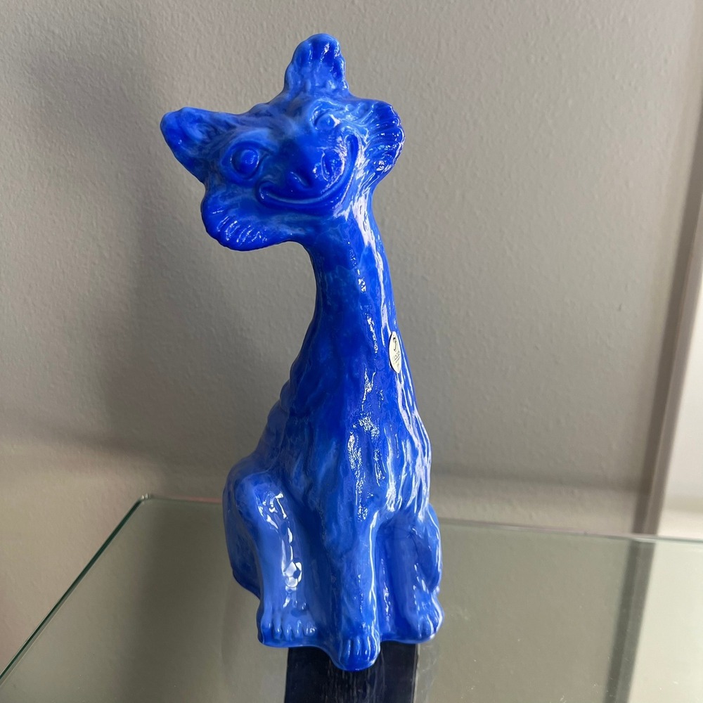 Fenton Winking Alley Cat Blue Slag Art Glass Figurine Handmade USA